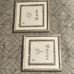 Chinese Calligraphy Wall Art Picture set Silver Bamboo Frames 10"x10"